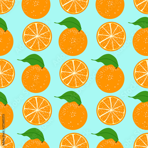 Seamless pattern orange fruit on a blue background. Orange whole, slice, half cut orange.