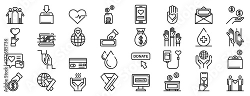 Donations icons set. Outline set of donations vector icons for web design isolated on white background