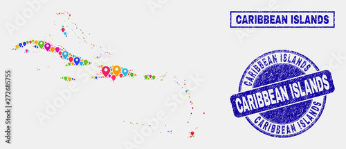 Vector colorful mosaic Caribbean Islands map and grunge stamps. Flat Caribbean Islands map is composed from scattered colorful navigation positions. Stamps are blue, with rectangle and round shapes.