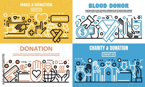 Donations banner set. Outline set of donations vector banner for web design