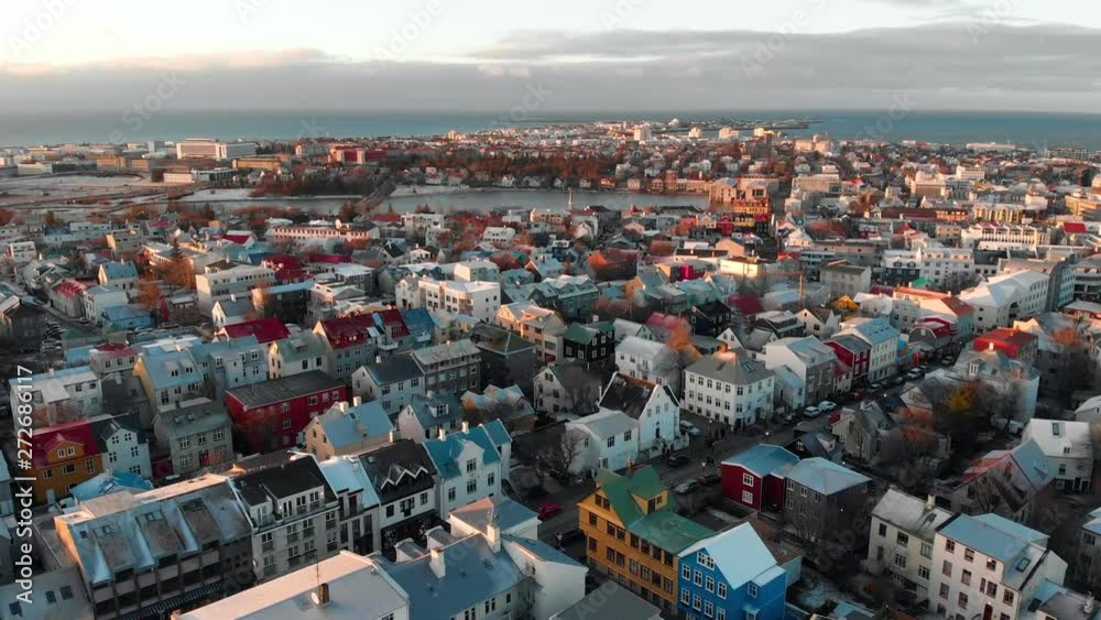Reykjavik Aerial Skyline Footage of Capital City of Iceland at sunset