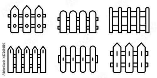 Fence icons set. Outline set of fence vector icons for web design isolated on white background