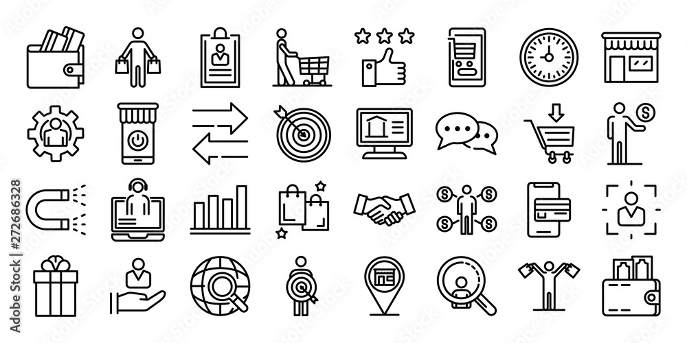 Buyer icons set. Outline set of buyer vector icons for web design isolated on white background - obrazy, fototapety, plakaty 