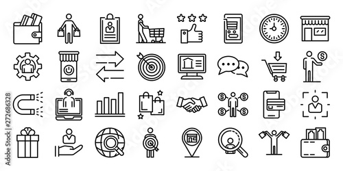 Buyer icons set. Outline set of buyer vector icons for web design isolated on white background photo