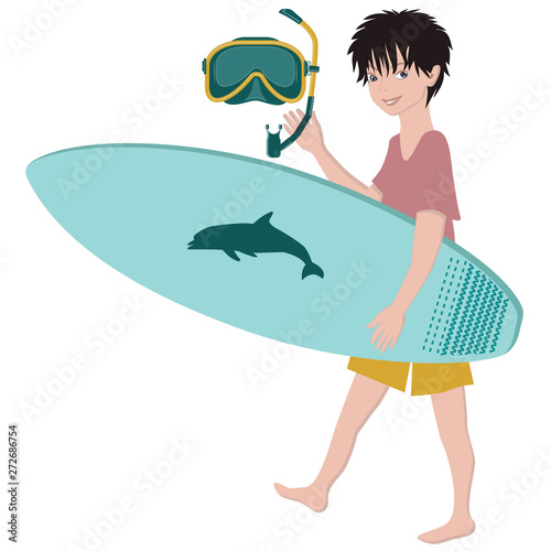 Young surfer, cute boy with a surfboard and diving mask - isolated on white background - vector. School break. Summer time.