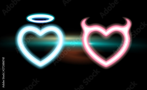 Heart set neon blue, pink radiant horned Devil, glow halo Angel for Valentines day Halloween. Icon holiday night love design. Luminescent vector art illumination illustration. Isolated on black, dark
