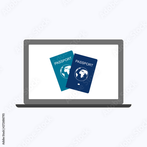 International passport with laptop, business concept vector illustration