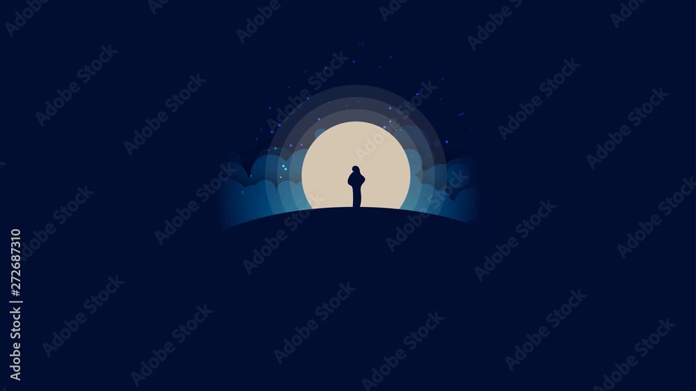 A loneliness women standing in front of moon and star - obrazy, fototapety, plakaty 