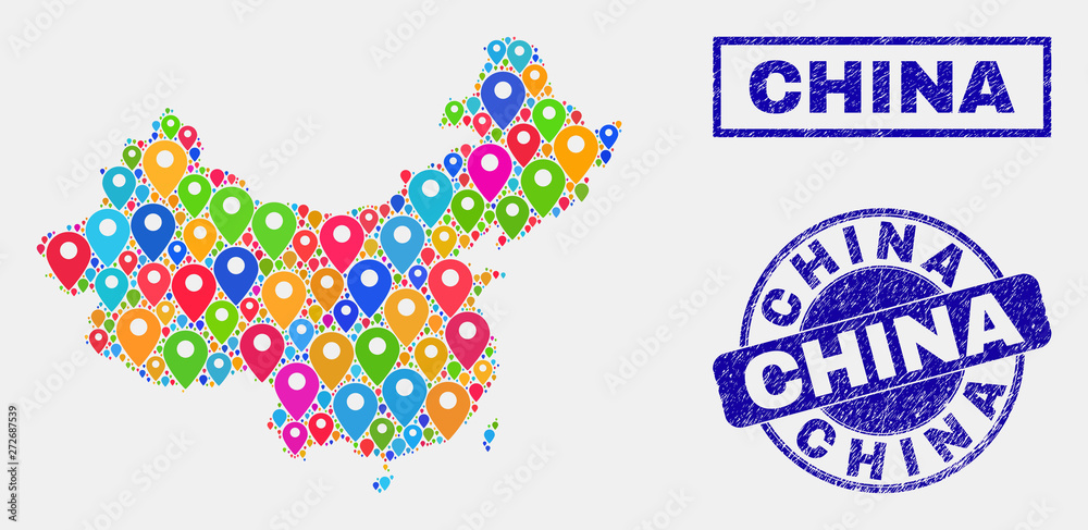 Vector bright mosaic China map and grunge watermarks. Abstract China map is formed from random bright geo locations. Stamps are blue, with rectangle and rounded shapes. Vector bright mosaic China map and grunge watermarks. Abstract China map is formed from random bright geo locations. Stamps are blue, with rectangle and rounded shapes.