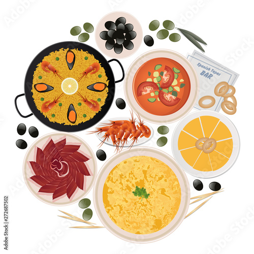 Circle of typical tapas and dishes of spanish food isolated on white background. Paella, potato omelette, iberian ham olives, gazpacho, cheese, prawns