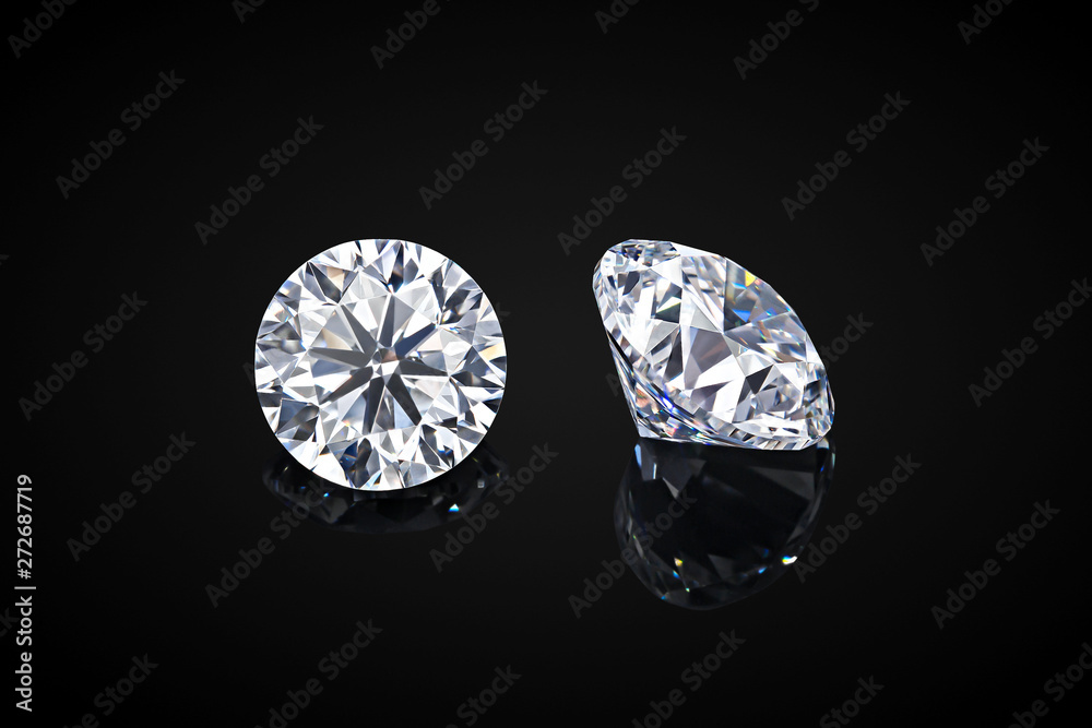 Diamond isolated on black background. Luxury colorless transparent sparkling gemstone diamond round shape cut - obrazy, fototapety, plakaty 