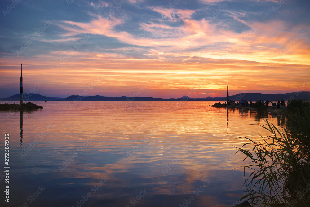 Sunset over Lake Balaton from the port of Balatonlelle  in Hungary