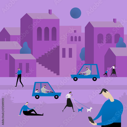 People attacked by information flows in city. Incoming mail spam problem, communication, message overdose flat illustration. Using smartphones in urban landscape or cityscape.