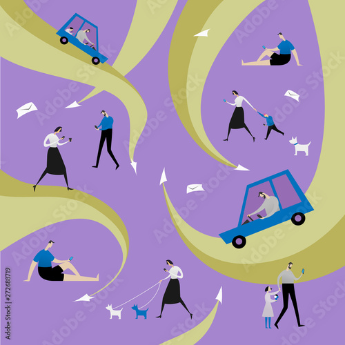 People using mobile phones among information overload. Women and men with smartphones or gadgets. Flat vector characters set. Digital streams. Mail spam, overdose