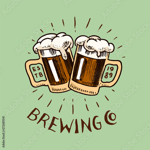 Cheers toast. Glass of beer in vintage style. Alcoholic Label with calligraphic elements. Classic American badge for poster banner. Hand drawn engraved sketch lettering for web, pub menu.