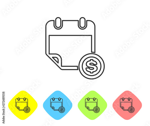 Grey Financial calendar line icon isolated on white background. Annual payment day, monthly budget planning, fixed period concept, loan duration. Set icon in color rhombus buttons. Vector Illustration