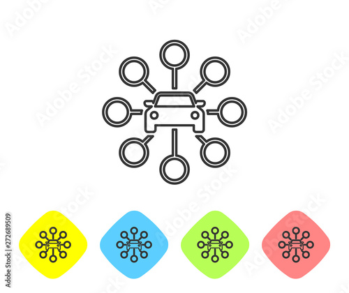 Grey Car sharing line icon isolated on white background. Carsharing sign. Transport renting service concept. Set icon in color rhombus buttons. Vector Illustration