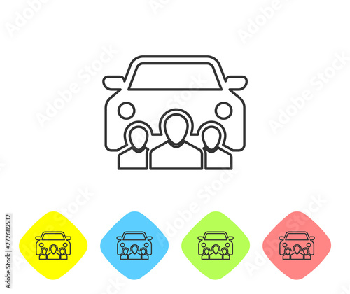 Grey Car sharing with group of people line icon isolated on white background. Carsharing sign. Transport renting service concept. Set icon in color rhombus buttons. Vector Illustration