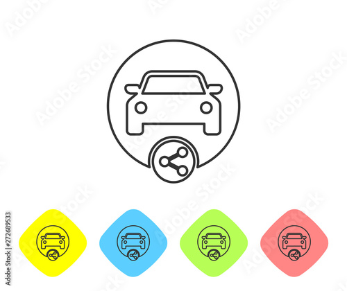 Grey Car sharing line icon isolated on white background. Carsharing sign. Transport renting service concept. Set icon in color rhombus buttons. Vector Illustration
