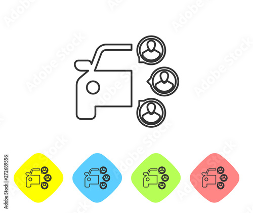 Grey Car sharing with group of people line icon isolated on white background. Carsharing sign. Transport renting service concept. Set icon in color rhombus buttons. Vector Illustration