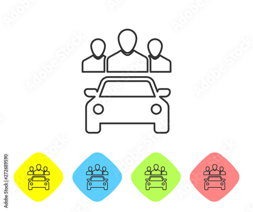 Grey Car sharing with group of people line icon isolated on white background. Carsharing sign. Transport renting service concept. Set icon in color rhombus buttons. Vector Illustration