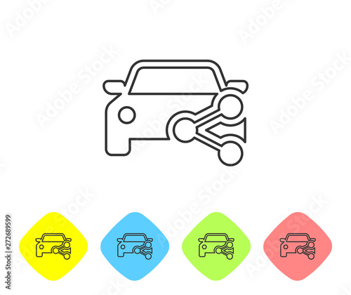 Grey Car sharing line icon isolated on white background. Carsharing sign. Transport renting service concept. Set icon in color rhombus buttons. Vector Illustration