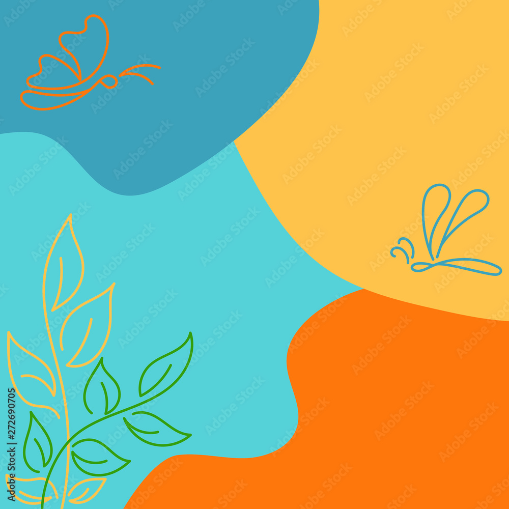 Fototapeta premium Vector creative background with butterflies and branch with leaves in line style. Space for text design templates.