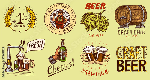 Bottle of beer in hand with the inscription Cheers toast. badge. Opener, Rye and wheat. Vintage label with calligraphic elements. American frame for poster. Hand drawn engraved sketch for pub menu.