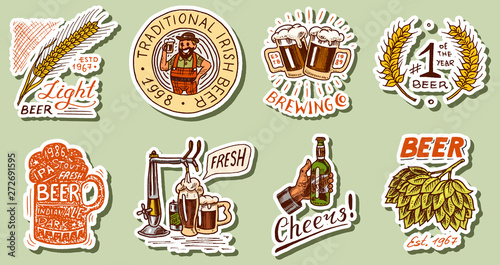 Vintage beer stickers. Set of Alcoholic Label with calligraphic elements. Classic American frame for poster banner. Cheers toast. Hand drawn engraved sketch lettering for web, pub menu.