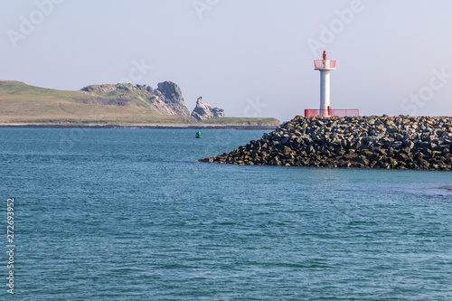 Details of Howth Lighthouse with Ireland's Eye Island in background © lisandrotrarbach