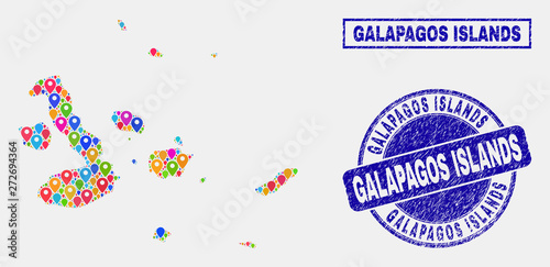 Vector colorful mosaic Galapagos Islands map and grunge stamp seals. Abstract Galapagos Islands map is created from scattered colorful site pointers. Stamp seals are blue,