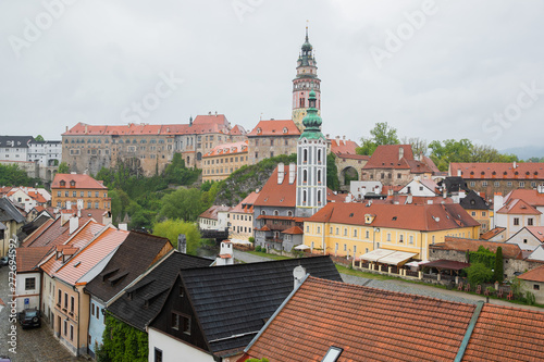 Panoramic landscape view of the historic city of Cesky Krumlov with famous Cesky Krumlov Castle, Church city is on a UNESCO World Heritage Site captured during spring with nice sky and clouds