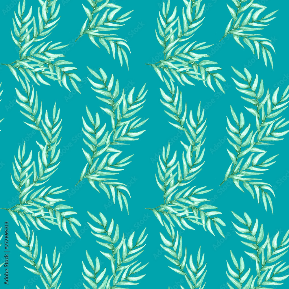 Hand drawn watercolor seamless pattern of foliage natural branches, green leaves on green background.Design for printing , wallpaper, paper, postcard, tile,textile