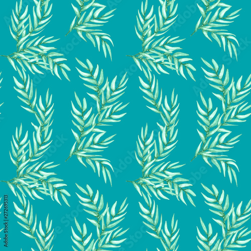 Hand drawn watercolor seamless pattern of foliage natural branches, green leaves on green background.Design for printing , wallpaper, paper, postcard, tile,textile