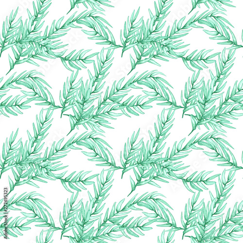 Hand drawn watercolor seamless pattern of foliage natural branches, green leaves on white background.Design for printing , wallpaper, paper, postcard, tile,textile