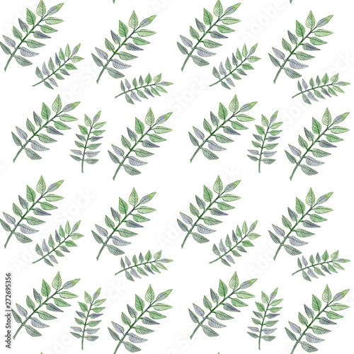 Hand drawn watercolor seamless pattern of branch with green and violet color leaves of foliage natural branches, green leaves on white background.Design for printing , wallpaper, postcard, textile
