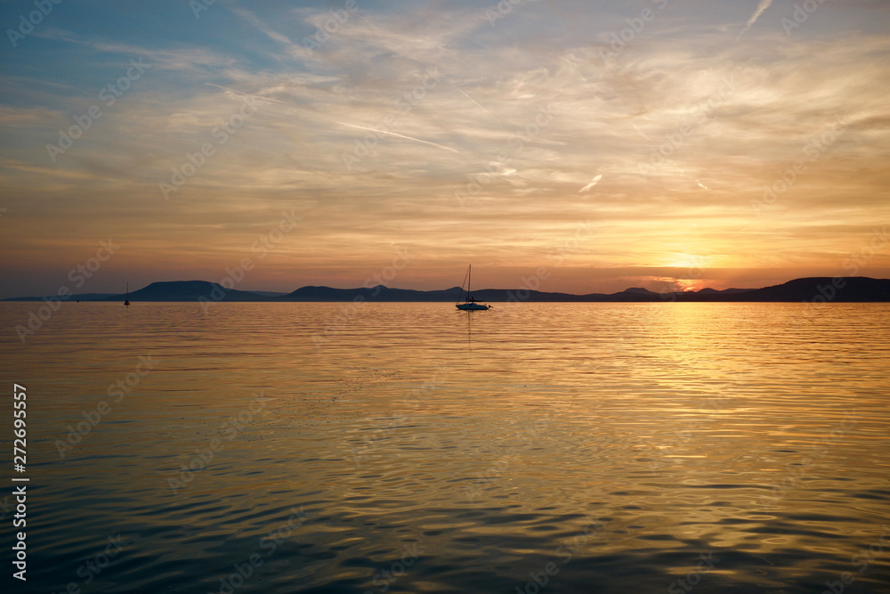 Tranquil sunset over lake Balaton in Hungary