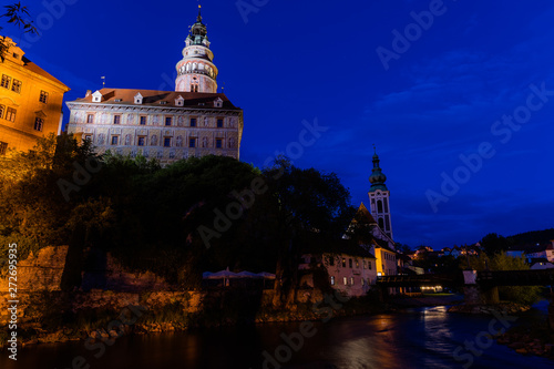 Panoramic landscape view of the historic city of Cesky Krumlov during sunset with famous Cesky Krumlov Castle, Church city is on a UNESCO World Heritage Site captured during spring 