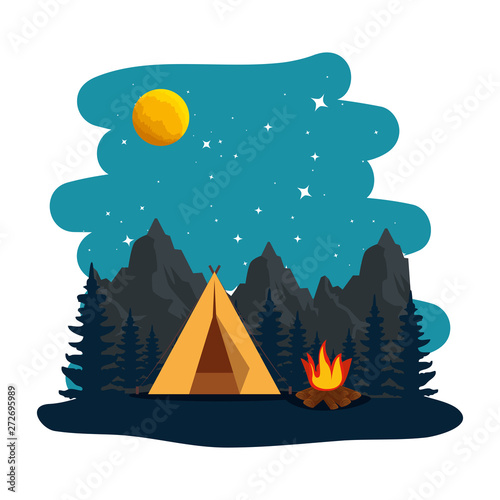camping zone with tent and campfire at night scene