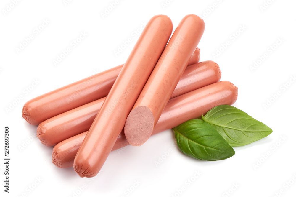 Boiled pork hot dog sausages with basil, close-up, isolated on white background Boiled pork hot dog sausages with basil, close-up, isolated on white background