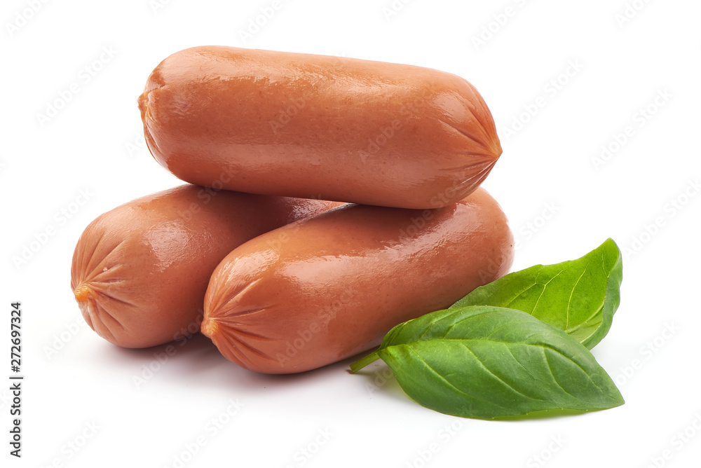 Fresh pork Boiled sausages with basil, close-up, isolated on white background