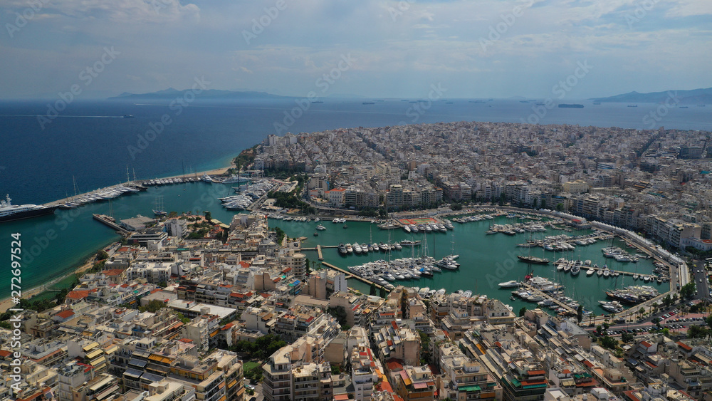 Fototapeta premium Aerial photo of famous round port of Pasalimani or Zea in the heart of Piraeus, Attica, Greece