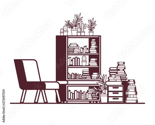 living room with couch and bookshelf of books