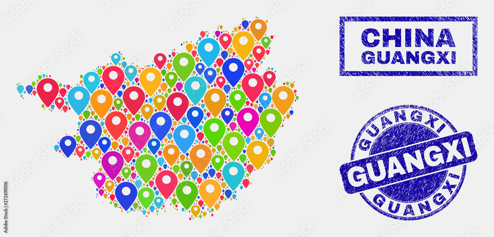 Vector bright mosaic Guangxi Province map and grunge stamp seals. Abstract Guangxi Province map is created from randomized bright map symbols. Stamp seals are blue, with rectangle and rounded shapes. Vector bright mosaic Guangxi Province map and grunge stamp seals. Abstract Guangxi Province map is created from randomized bright map symbols. Stamp seals are blue, with rectangle and rounded shapes.