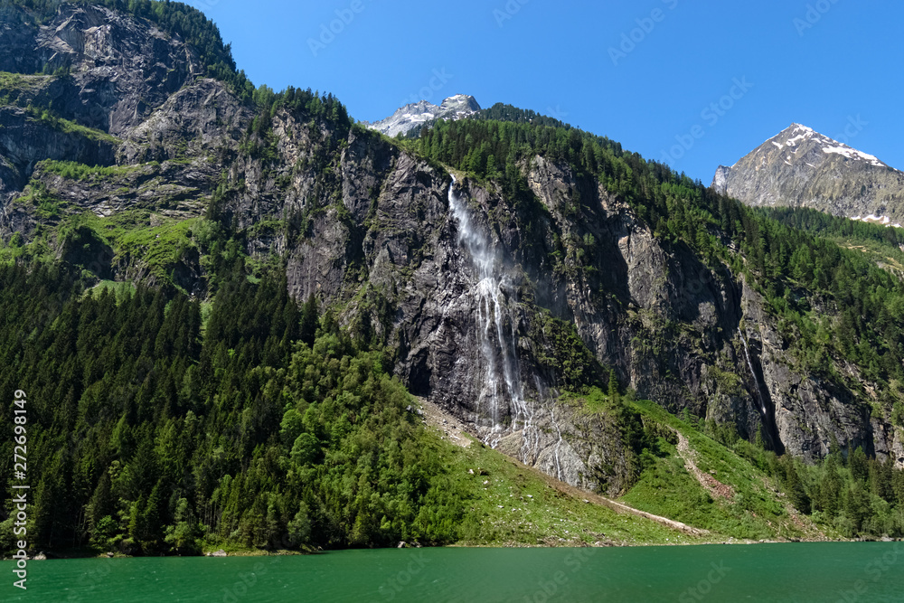 Panoramic view of the waterfall on the Lake Stillup in the Alps, Austria, Tyrol Panoramic view of the waterfall on the Lake Stillup in the Alps, Austria, Tyrol