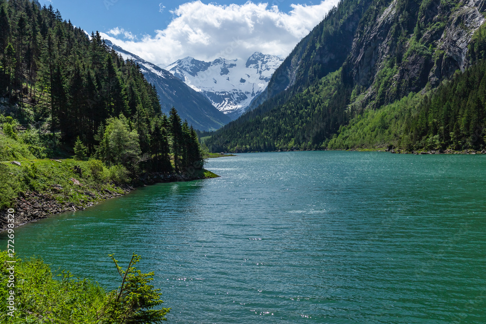 Panoramic view of Lake Stillup in the Alps, Zillertal Alps Nature Park, Austria, Tyrol