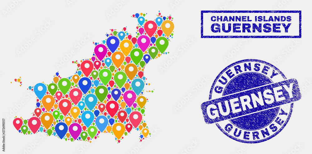 Vector bright mosaic Guernsey Island map and grunge watermarks. Flat Guernsey Island map is designed from scattered bright site pointers. Watermarks are blue, with rectangle and rounded shapes. Vector bright mosaic Guernsey Island map and grunge watermarks. Flat Guernsey Island map is designed from scattered bright site pointers. Watermarks are blue, with rectangle and rounded shapes.