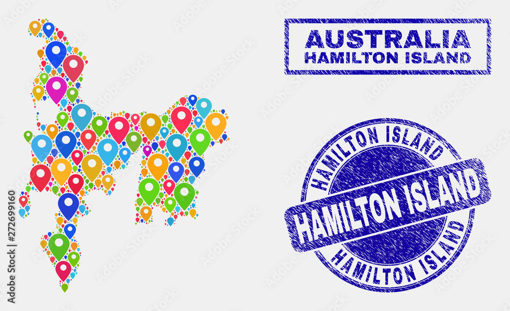 Vector colorful mosaic Hamilton Island map and grunge watermarks. Abstract Hamilton Island map is formed from scattered colorful geo pointers. Stamps are blue, with rectangle and rounded shapes.