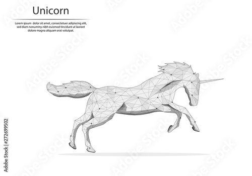 Abstract image unicorn in the form of lines and dots  consisting of triangles and geometric shapes. Low poly vector background.