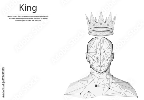 Abstract image man and the crown in the form of lines and dots, consisting of triangles and geometric shapes. Low poly vector background.